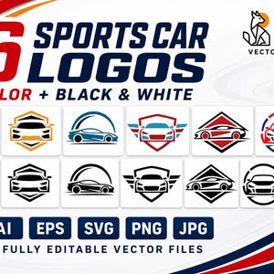 Pode incluir: Um gráfico digital apresentando 6 logotipos de carros esportivos em cores e em preto e branco, totalizando 12 designs. O texto diz 6 SPORTS CAR LOGOS, COLOR + BLACK & WHITE, ZOO VECTOR BUNDLES, 12 DESIGNS, e AI, EPS, SVG, PNG, JPG, FULLY EDITABLE VECTOR FILES.