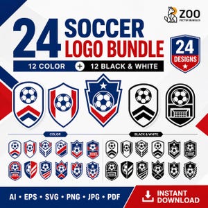 Puede incluir: Un paquete de gráficos digitales con 24 diseños de logotipos de fútbol, incluyendo 12 emblemas en color y 12 en blanco y negro con forma de escudo. El texto dice 24 SOCCER LOGO BUNDLE, 12 COLOR + 12 BLACK & WHITE, 24 DESIGNS y AI, EPS, SVG, PNG, JPG, PDF.