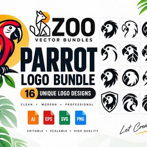 May include: A digital graphic set featuring a colourful parrot illustration on a branch and sixteen black and white parrot head logo variations. The text reads ZOO VECTOR BUNDLES, PARROT LOGO BUNDLE, 16 UNIQUE LOGO DESIGNS, AI, EPS, SVG, PNG, and Let Creativity Fly.
