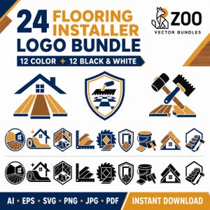 Puede incluir: Un paquete gráfico digital titulado 24 FLOORING INSTALLER LOGO BUNDLE 12 COLOR + 12 BLACK & WHITE. Incluye varios iconos relacionados con la instalación de suelos, como casas, herramientas, baldosas y escaleras en colores azul, oro y negro.