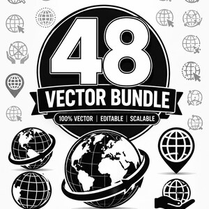 Może przedstawiać: Czarno-biały projekt graficzny z tekstem ZOO VECTOR BUNDLES oraz 48 VECTOR BUNDLE. Obraz przedstawia różne ikony globusów, w tym globusy ze strzałkami, pinezkami lokalizacji i dłońmi, wraz z etykietami formatów plików AI, EPS, SVG, PNG, JPG oraz PDF.