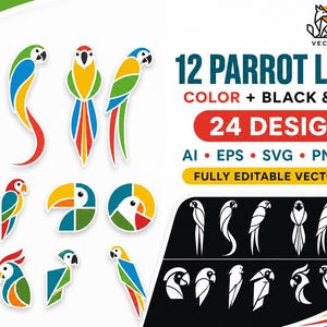 Könnte beinhalten: Eine digitale Sammlung von 12 Papageien-Logos in Farbe sowie Schwarz-Weiß, insgesamt 24 Designs. Die Grafik zeigt stilisierte, geometrische Vogelillustrationen in Rot, Blau, Grün und Gelb mit dem Text ZOO VECTOR BUNDLES.