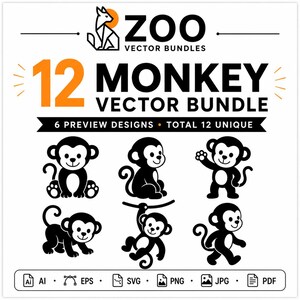 Könnte beinhalten: Ein digitales Grafikset mit dem Titel 12 MONKEY VECTOR BUNDLE mit sechs schwarz-weißen Affenillustrationen in verschiedenen Posen. Der Text enthält ZOO VECTOR BUNDLES, 6 PREVIEW DESIGNS, TOTAL 12 UNIQUE sowie die Dateiformate Ai, EPS, SVG, PNG, JPG, PDF.