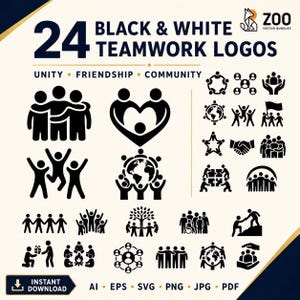 May include: A digital collection of 24 black and white teamwork logos featuring stylized human figures in various poses representing unity, friendship, and community. The graphic includes icons of people holding hands, forming circles, and working together.
