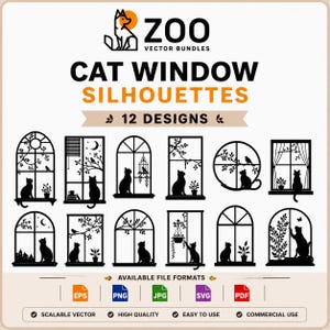 May include: A digital collection of 12 black cat window silhouettes featuring various architectural window frames, plants, birds, and moon motifs. The text reads ZOO VECTOR BUNDLES, CAT WINDOW SILHOUETTES, 12 DESIGNS, and lists file formats EPS, PNG, JPG, SVG, PDF.