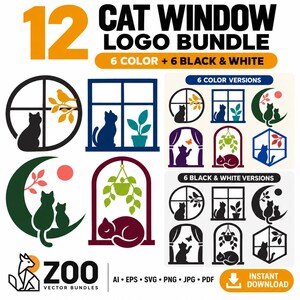 May include: A digital graphic design bundle titled 12 CAT WINDOW LOGO BUNDLE featuring 6 color and 6 black and white vector illustrations of cats in windows, on crescent moons, and with plants, available in AI, EPS, SVG, PNG, JPG, and PDF formats.