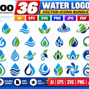 Könnte beinhalten: Eine digitale Sammlung von 36 wasserbezogenen Vektor-Icons mit blauen und grünen Tropfendesigns. Die Grafik enthält Textbeschriftungen für Dateiformate wie AI, EPS, SVG, PNG, JPG und PDF, die in einem Raster mit einem Qualitätssiegel angeordnet sind.
