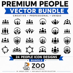 May include: A digital collection titled Premium People Vector Bundle featuring 24 black icon designs of groups of people in various arrangements. The graphic includes file format labels SVG, EPS, AI, PNG, JPG and icons for instant download.