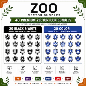 May include: A digital graphic displaying ZOO VECTOR BUNDLES with 40 premium vector icon bundles. It features 20 black and white shield icons and 20 blue and white shield icons, alongside text labels for file formats including AI, EPS, SVG, PNG, JPG, and PDF.