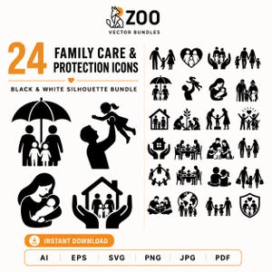 Peut inclure: Une collection numérique de 24 icônes en silhouette noir et blanc intitulée Family Care & Protection Icons. Le graphique présente diverses représentations de familles, incluant des parents avec enfants, se tenant la main, sous des parapluies.
