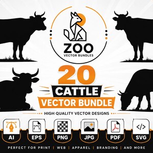 Puede incluir: Un paquete de gráficos digitales con siluetas negras de ganado en varias posturas, incluyendo de pie y pastando. El texto dice ZOO VECTOR BUNDLES, 20 CATTLE VECTOR BUNDLE y HIGH QUALITY VECTOR DESIGNS, con iconos para formatos de archivo AI, EPS, PNG, JPG, PDF y SVG.