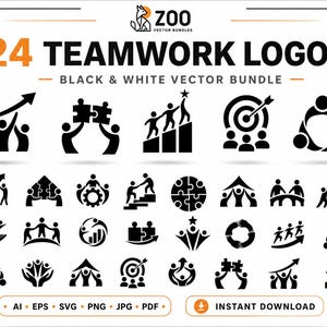 Op de afbeelding: Een verzameling van 24 zwart-witte teamwork-logo's met gestileerde menselijke figuren, puzzelstukjes, pijlen en doelwitten. De tekst luidt ZOO VECTOR BUNDLES, 24 TEAMWORK LOGOS, BLACK & WHITE VECTOR BUNDLE, AI, EPS, SVG, PNG, JPG, PDF, INSTANT DOWNLOAD.