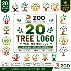 May include: A digital collection of 20 tree logo designs featuring various stylised trees, hands, and geometric frames in green, brown, and orange. The central text reads 20 TREE LOGO VECTOR BUNDLE with file formats EPS, SVG, PNG, JPG, and PDF listed below.