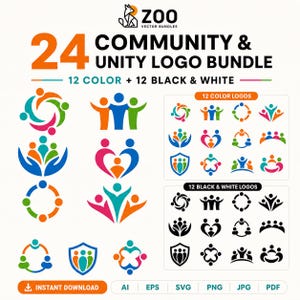May include: A digital graphic bundle titled 24 Community & Unity Logo Bundle featuring 12 colour and 12 black and white vector logo designs. The collection displays various stylised human figures in circular, heart, and shield formations.