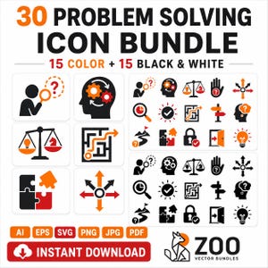 Puede incluir: Un conjunto gráfico digital titulado 30 PROBLEM SOLVING ICON BUNDLE 15 COLOR + 15 BLACK & WHITE. Muestra varios iconos incluyendo una persona con lupa, engranajes en una cabeza, balanzas, un laberinto y bombillas. Se enumeran los formatos AI, EPS, SVG, PNG, JPG, PDF.