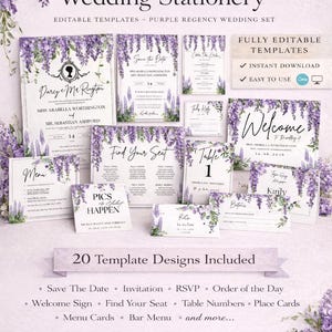 May include: A selection of purple and white wedding stationery templates with floral designs. The set includes invitations, welcome signs, and table numbers. The text reads "Bridgerton Style Wedding Stationery".