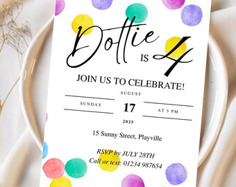 Invitación de lunares para cuarto cumpleaños: rosa y colorida (descarga digital)