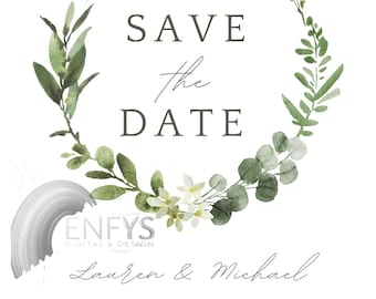 Tarjeta digital de 5x7 con diseño botánico verde para guardar la fecha / Anuncio de boda / Tarjeta minimalista imprimible