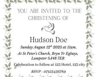 Invitación de bautizo con paloma – Descarga digital – Imprimible en formato A4 o digital