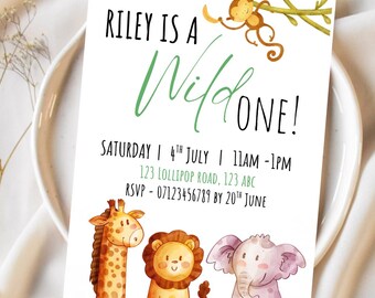 Invitación de primer cumpleaños de Wild One / Invitación digital para fiesta de animales de safari en la jungla / Plantilla editable