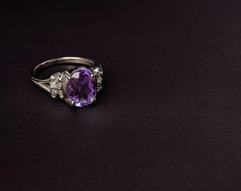 Vintage Style Amethyst Ring, 925 Sterling Silver Oval Ring, Purple Crystal Statement Jewelry, Victorian Style Ring, February Birthday Gift