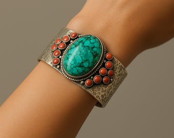 Southwestern Turquoise Coral Bangle, Handcrafted Silver Cuff, Red Coral , Traditional Western Jewelry, Intricate Hammered Silver