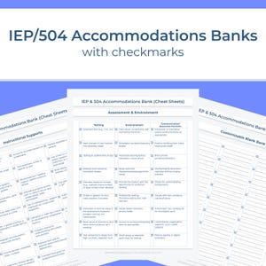 May include: A teal and white graphic with the text "IEP/504 Accommodations Banks with checkmarks." The image includes several sheets with checklists for assessment and environment, and instructional supports.
