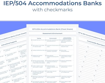 Banca di accomodamenti IEP/504 / Schede di riferimento modificabili Canva® / Istruzione, test e ambiente / Lettera USA + A4