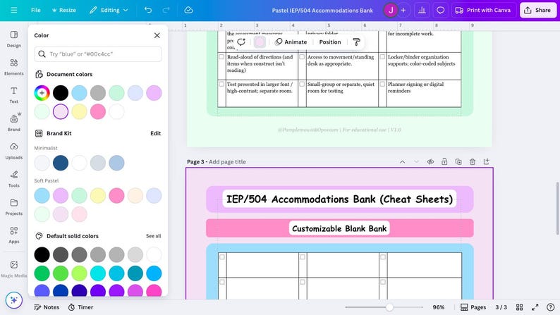 Editable IEP/504 Accommodations Cheat Sheets: Pastel Canva Templates ...
