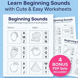 Beginning Sounds Worksheets for Preschool & Kindergarten | Alphabet Phonics Activities | Printable Learning PDF + 4 Bonus PDF Sets for Kids