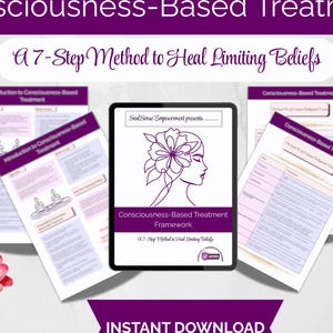 Könnte beinhalten: Werbung für "Bewusstseinsbasiertes Treatment" mit dem Text "Eine 7-Schritte-Methode zur Heilung einschränkender Überzeugungen". Das Bild zeigt ein Tablet mit dem Profil einer Frau mit einer Blume, umgeben von gedruckten Dokumenten und Blumen. Der Text "Sofort-Download" ist ebenfalls sichtbar.