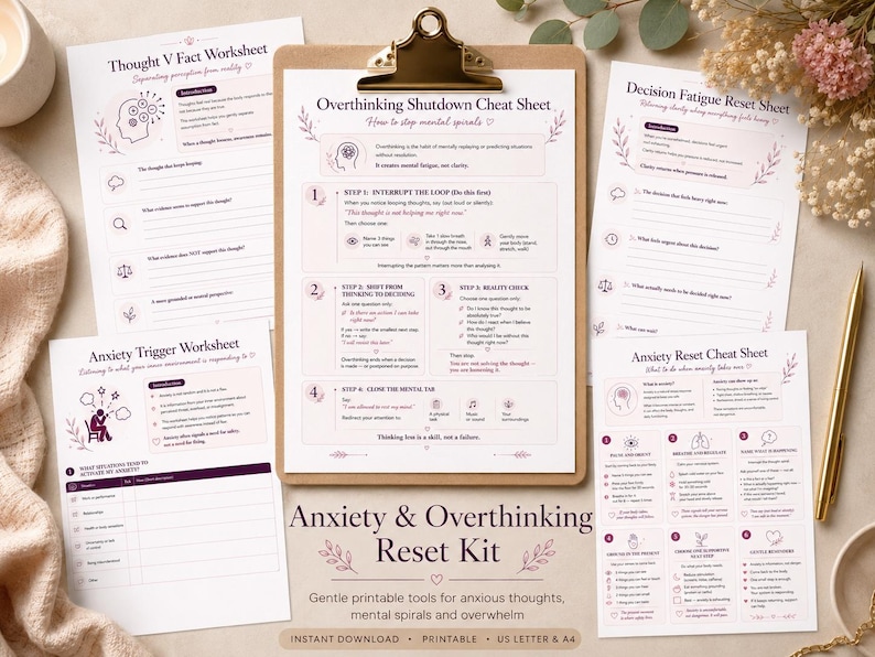 CBT Anxiety Reset Kit | Printable Worksheets for Overthinking, Decision Fatigue (digital ...