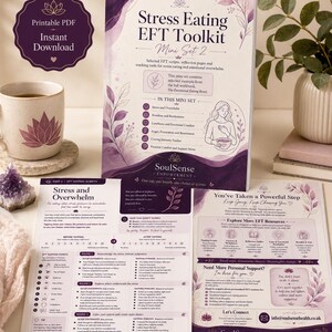 May include: A Stress Eating EFT Toolkit Mini Set 2 workbook with purple floral accents, featuring sections on stress, overwhelm, and emotional comfort. Includes printed EFT tapping scripts, reflection pages, and tracking tools for emotional support.