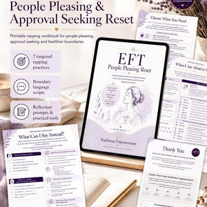 May include: A digital tablet displaying an EFT People Pleasing Reset workbook cover with a purple and white color scheme, surrounded by printed pages featuring tapping practices, boundary language scripts, and reflection prompts, with a gold pen.