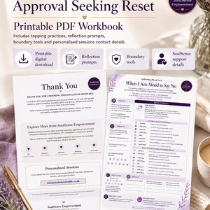 Op de afbeelding: Een printbaar PDF-werkboek getiteld EFT People Pleasing & Approval Seeking Reset van SoulSense Empowerment. Het document bevat tapping-oefeningen, reflectievragen, grenstools en contactgegevens voor persoonlijke sessies.