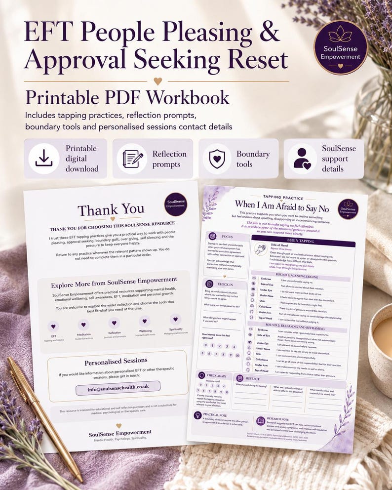Op de afbeelding: Een printbaar PDF-werkboek getiteld EFT People Pleasing & Approval Seeking Reset van SoulSense Empowerment. Het document bevat tapping-oefeningen, reflectievragen, grenstools en contactgegevens voor persoonlijke sessies.
