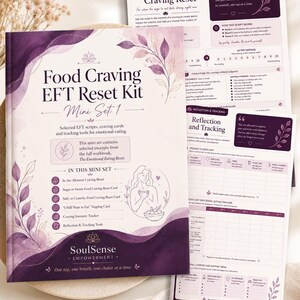 Könnte beinhalten: Ein Food Craving EFT Reset Kit Mini Set 1 Arbeitsbuch mit einem violett-weißen Aquarell-Cover, floralen Illustrationen und Text. Das Set enthält EFT-Tapping-Skripte, Verlangenskarten und Reflexionswerkzeuge für emotionales Essen.