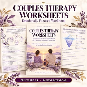 Op de afbeelding: Een set werkbladen voor relatietherapie met een emotiegericht werkboek, voorzien van een omslagillustratie van een koppel aan een meer bij zonsondergang. De pagina's bevatten teksten met de titels Spotting the Cycle Earlier en What Lies Beneath the Reaction.