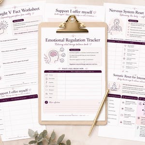 May include: A collection of printed mental health worksheets including an Emotional Regulation Tracker on a wooden clipboard with a gold pen. The pages feature dark purple and soft pink text, line charts, and icons for tracking thoughts, nervous system regulation, and somatic support strategies.