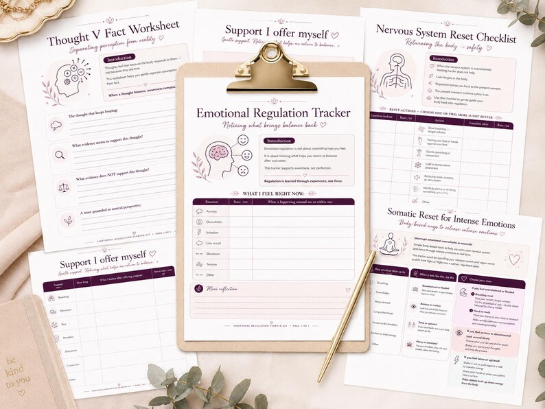 May include: A collection of printed mental health worksheets including an Emotional Regulation Tracker on a wooden clipboard with a gold pen. The pages feature dark purple and soft pink text, line charts, and icons for tracking thoughts, nervous system regulation, and somatic support strategies.
