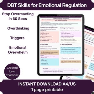 Può includere: Un grafico scaricabile digitalmente con il titolo "DBT Skills for Emotional Regulation". L'immagine presenta un tablet che mostra una guida per la gestione delle emozioni, con sezioni su overthinking, trigger e sovraccarico emotivo. Il testo recita "Download istantaneo A4/US 1 pagina stampabile."