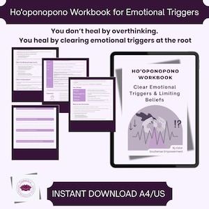 Puede incluir: Un cuaderno de trabajo digital titulado "Ho'oponopono Workbook for Emotional Triggers" con el texto "You don't heal by overthinking. You heal by clearing emotional triggers at the root." La portada presenta un gráfico y las palabras "Clear Emotional Triggers & Limiting Beliefs."