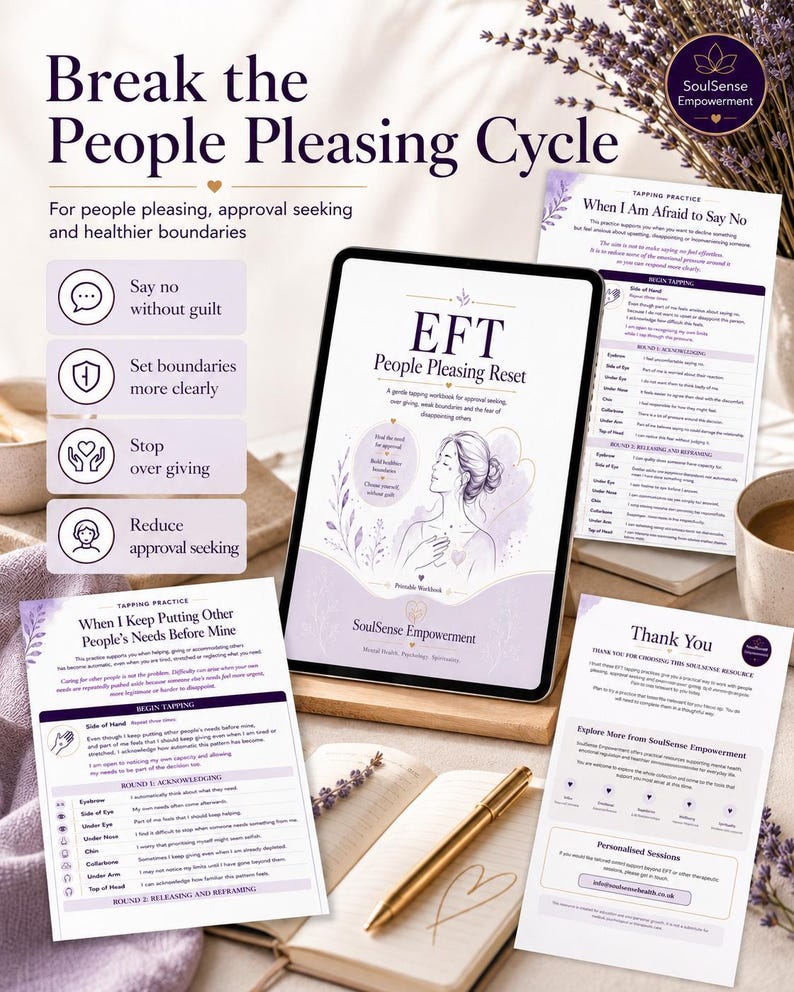 Op de afbeelding: Een digitale tablet met de cover van een EFT People Pleasing Reset werkboek in paars en wit, omringd door geprinte pagina's met de titels When I Am Afraid to Say No, When I Keep Putting Other People's Needs Before Mine en Thank You.