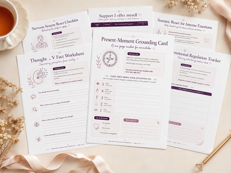 May include: A collection of white paper worksheets and cards with dark purple text and line art illustrations. Titles include Present-Moment Grounding Card, Thought vs Fact Worksheet, Nervous System Reset Checklist, and Emotional Regulation Tracker.