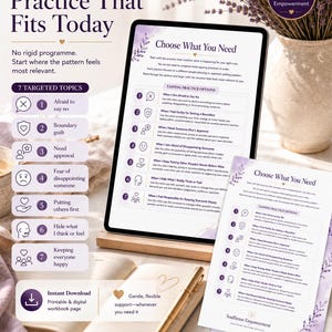 Op de afbeelding: Een digitale tablet en een geprint document tonen een werkboekpagina van SoulSense Empowerment getiteld Choose What You Need. De inhoud bevat zeven tapping-oefenopties met paarse tekst, iconen en florale accenten voor emotionele ondersteuning.