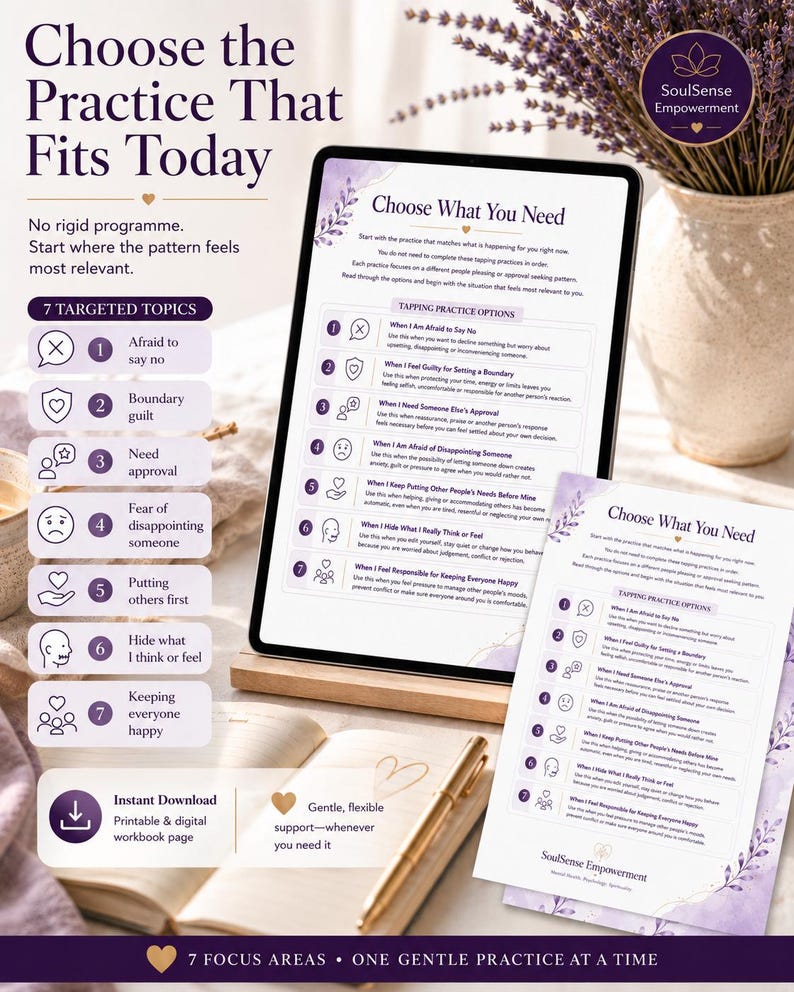Op de afbeelding: Een digitale tablet en een geprint document tonen een werkboekpagina van SoulSense Empowerment getiteld Choose What You Need. De inhoud bevat zeven tapping-oefenopties met paarse tekst, iconen en florale accenten voor emotionele ondersteuning.