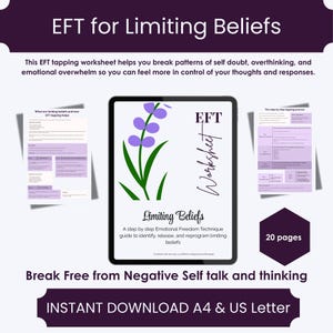 Pode incluir: Uma folha de trabalho digital intitulada "EFT for Limiting Beliefs" com um design floral. A folha de trabalho inclui o texto "Limiting Beliefs" e "Worksheet". É um guia para identificar, libertar e reprogramar crenças limitantes. A imagem também indica "DOWNLOAD INSTANTÂNEO A4 & US Letter".