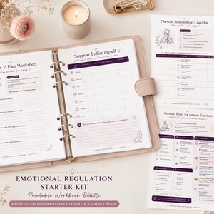 May include: A printable workbook bundle titled Emotional Regulation Starter Kit, featuring a Thought V Fact Worksheet in a ring binder, a Nervous System Reset Checklist, and a Somatic Reset for Intense Emotions page with purple text and icons.