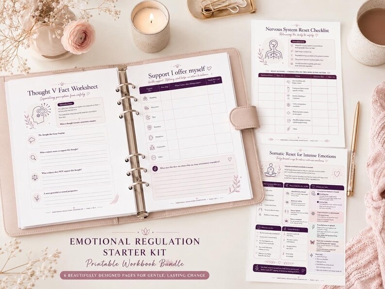 May include: A printable workbook bundle titled Emotional Regulation Starter Kit, featuring a Thought V Fact Worksheet in a ring binder, a Nervous System Reset Checklist, and a Somatic Reset for Intense Emotions page with purple text and icons.