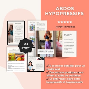 Op de afbeelding: Een digitale gids getiteld "ABDOS HYPOPRESSIFS" op een perzikkleurige achtergrond. De gids bevat afbeeldingen, tekst en een sterrenbeoordeling. Het belooft 25+ pagina's aan inhoud, waaronder oefeningen en tips voor een platte buik. De gids is direct als PDF-download beschikbaar.
